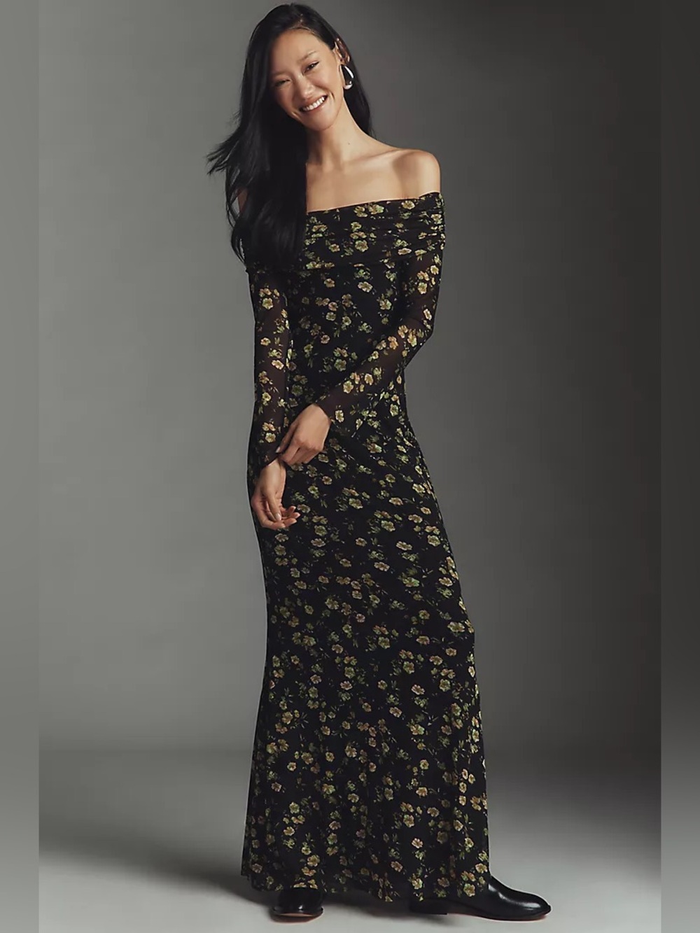 AFRM Long-Sleeve Off-The-Shoulder Mesh Maxi Dress NWT